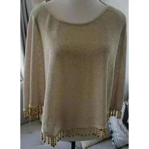 Danielle Casey Beige Knit Top with Beaded Fringe Hem